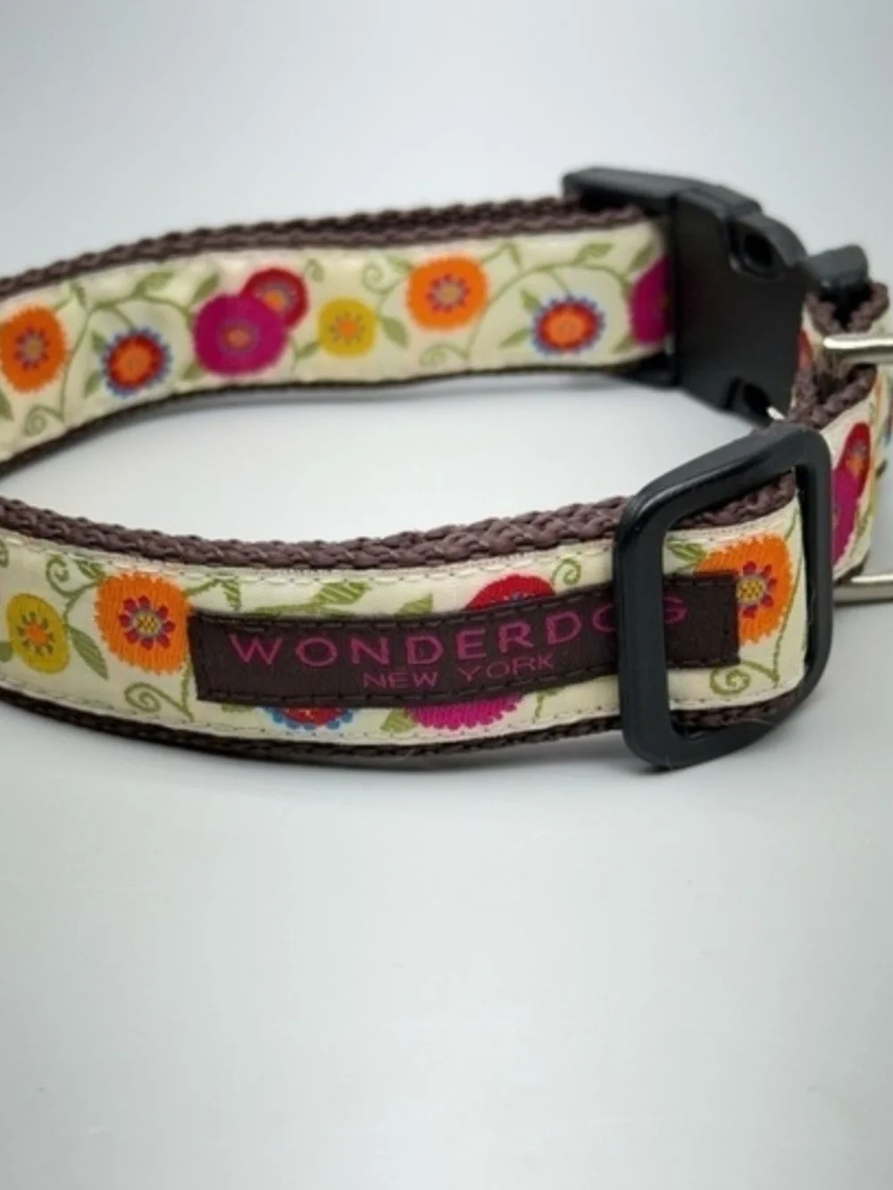 Floral Dog Collar and Leash Set - Brown with Pink & Orange Flowers